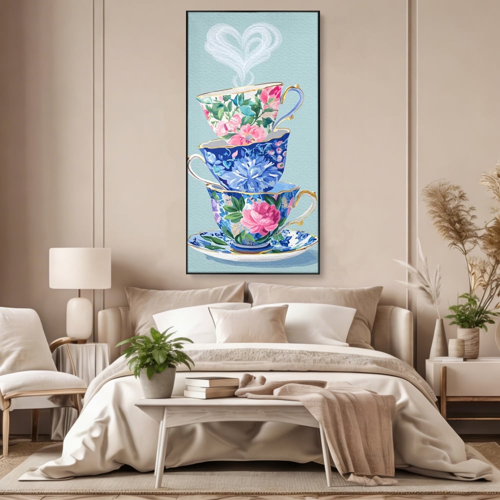 Tablou canvas cu pictura cu stiva de cesti de ceai, in rama de aluminiu negru, pe perete intr-un dormitor